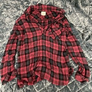 Dark Pink and Black Plaid Flannel Top
